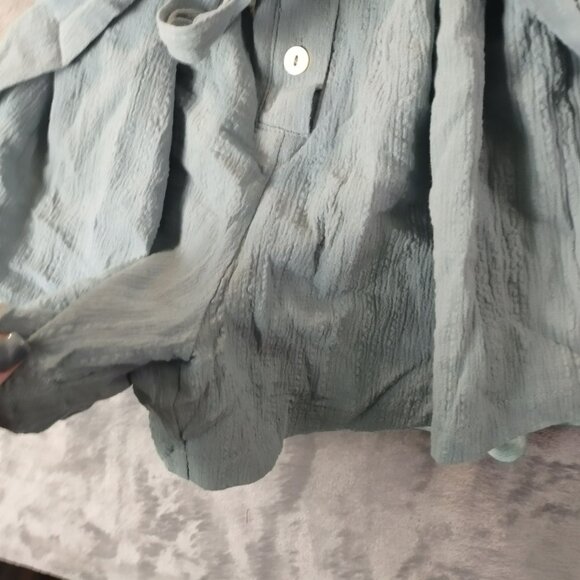 Womens Gauze Button Front Tie Waist Romper M Blue Roll Tab Sleeve Boho Casual - Picture 8 of 12